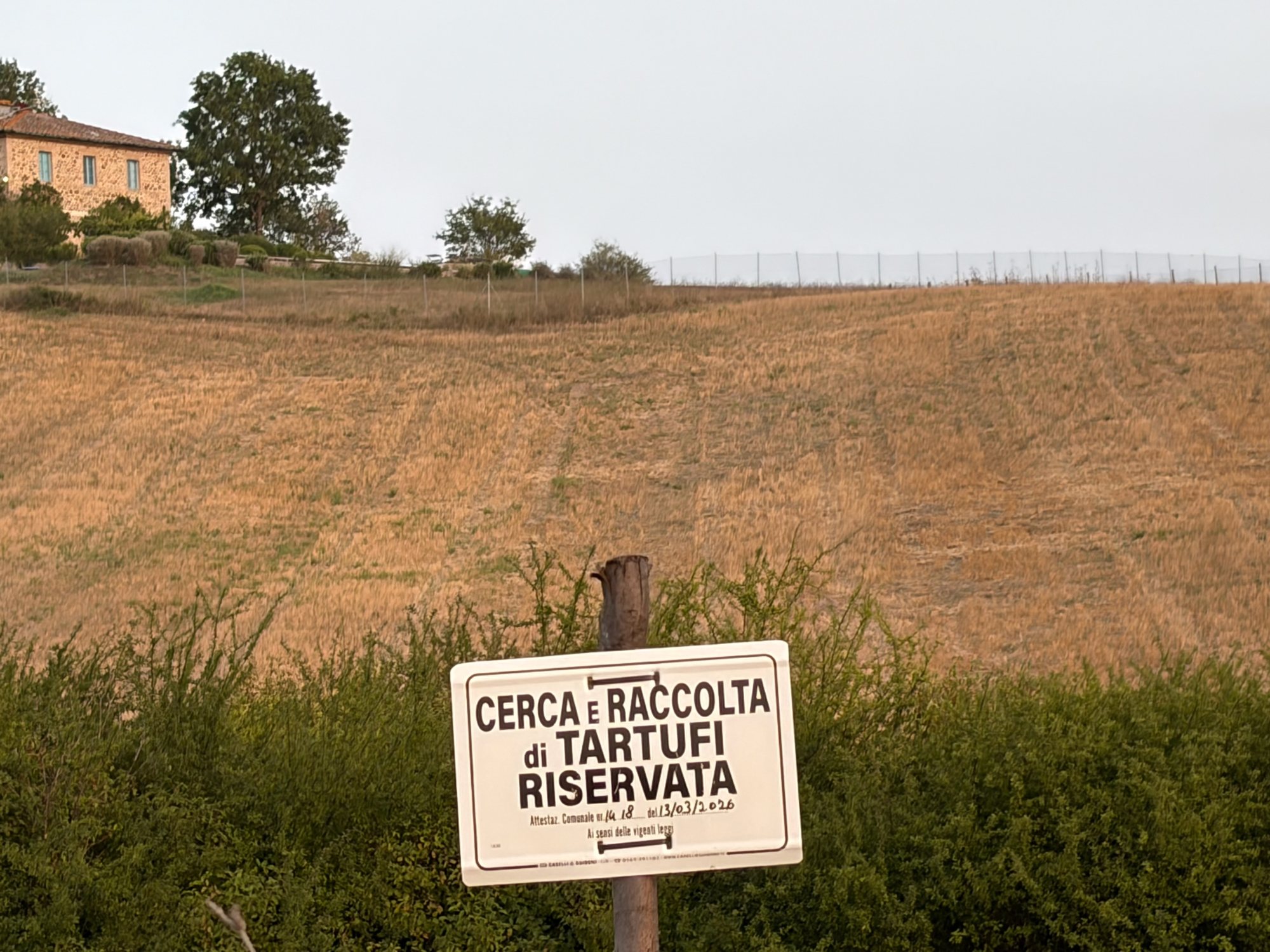 Il cartello della tartufaia riservata, e il podere sulla collina